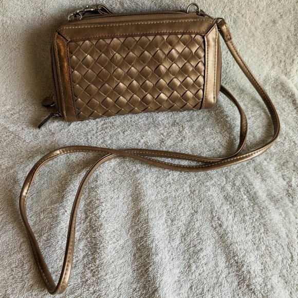 Small Cross-body or Shoulder Purse or Clutch Tan Gold - Picture 1 of 12